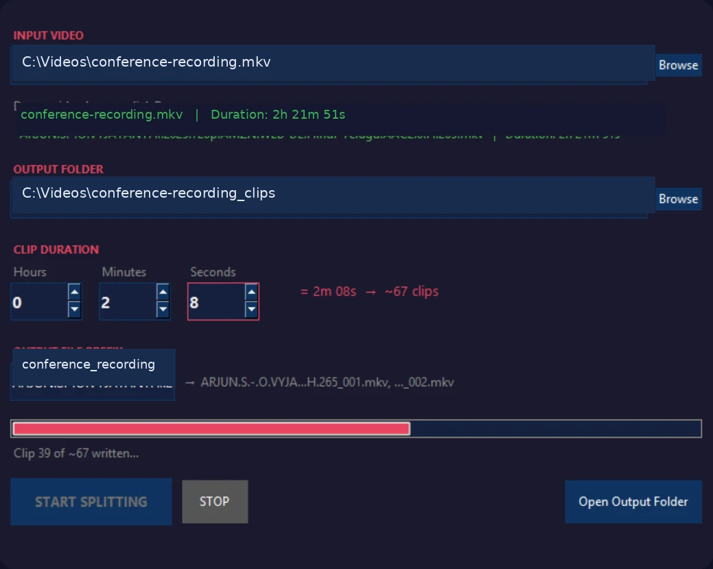 Video Splitter processing a long video into clips